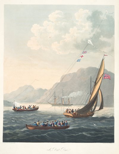 A Boat Race, de "The Aeropleustic Art, or Navigation in the Air, by the Use of Kites, ou Buoyant Sails, pub. 1827 (aquatint colorido à mão) de Thomas (after) Butterworth