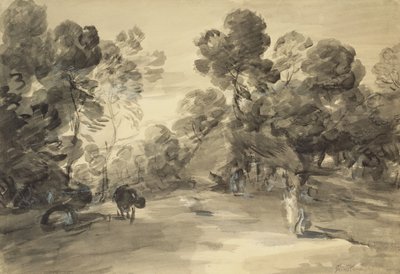 Paisagem arborizada com figuras, cabana e vaca, c.1785 (lave e giz com guache no papel) de Thomas (after) Gainsborough