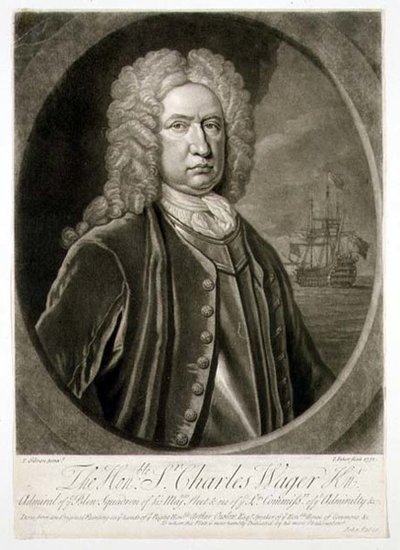 Retrato de Sir Charles Wager (1666-1743) Almirante do Esquadrão Azul, gravada por John Faber (1684-1756) 1732 (gravura) de Thomas (after) Gibson