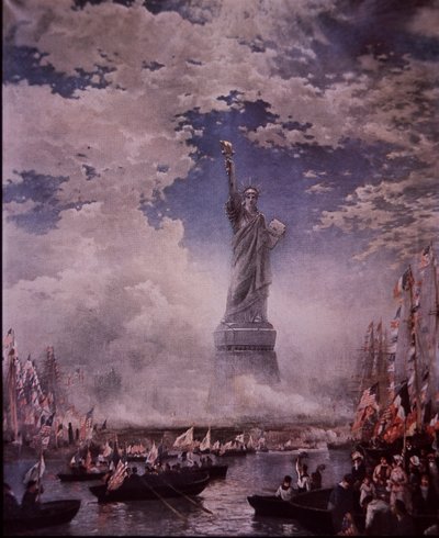 Descerramento da Estátua da Liberdade no Porto de Nova Iorque, 28 de Outubro de 1886 (cor litho) de Thomas (after) Moran