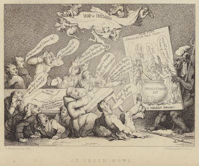 Um Uivo Irlandês: reunião da Convenção Nacional de Irlandeses Unidos sendo mostrados os horrores do republicanismo exemplificado pela Revolução Francesa de Thomas (after) Rowlandson