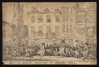 Procissão do Mestre Billy ao Grocers Hall; sátira política sobre a procissão de William Pitt, o Jovem, ao Grocers Hall para receber a liberdade da cidade de Londres de Thomas (after) Rowlandson