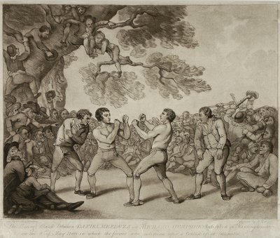 O Jogo de Boxe entre Daniel Mendoza e Richard Humphreys em Stilton, Huntingdonshire, 6 de maio de 1789, gravado por Joseph Grozer (c.1755-99) (gravura) de Thomas (after) Rowlandson