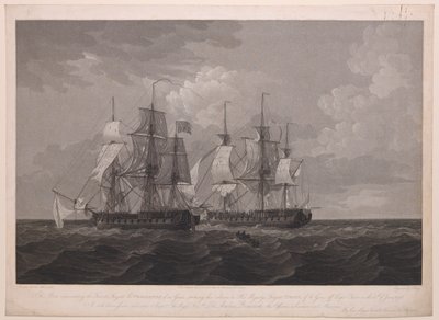 Esta placa, que representa a fragata francesa La Proserpine, de 40 canhões, batendo com as suas cores na fragata Dryad, de 36 canhões, de Sua Majestade, ao largo de Cape Clear, em 13 de junho de 1796, é dedicada ao capitão Amelius Beauclerk. Lord Amelius B de Thomas (after) Whitcombe