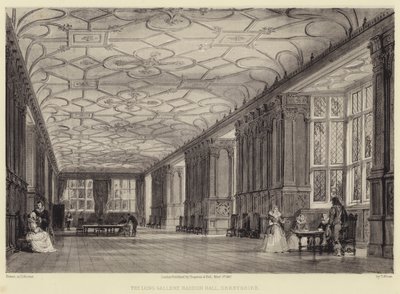 A, longo, galeria, haddon, corredor, derbyshire de Thomas Allom