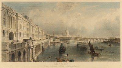 Vista de Londres, Inglaterra, a partir do edifício Somerset House Marine, com a Catedral de São Paulo e a Ponte de Londres. Litografia de Thomas Allom