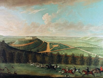 Vista do Castelo Belvoir do Sudoeste, com Belvoir Hunt in Full Cry, 1730 de Thomas Badeslade