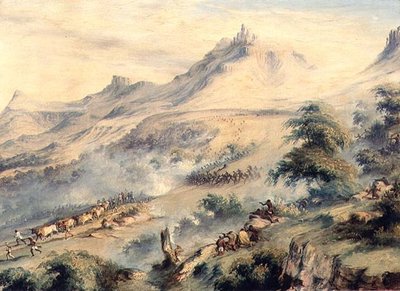 Uma Patrulha Sob o Comando do Capitão Fisher carregada pelo Kaffirs de Macoma no Rio Van Beulens Hoek Kat, c.1846 de Thomas Baines