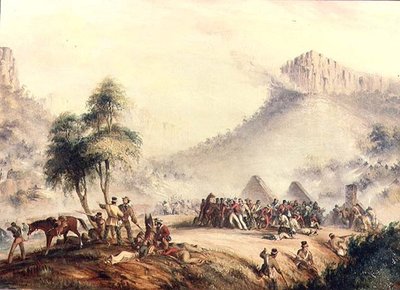 Ataque de Patrulha do Coronel Yarborough em Waterkloof por Kaffir e Rebelde Hottentots de Thomas Baines