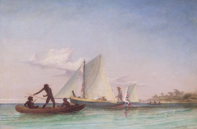 O Longo Barco do Mensageiro atacado pelos nativos de Thomas Baines