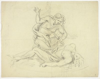 Píramo e Tisbe (à direita); Três Figuras Masculinas com Planta Baixa do Mausoléu (verso) de Thomas Banks