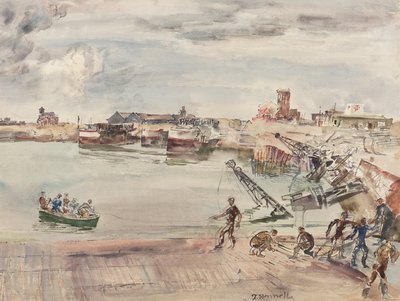Docas ex armazém (sic) da bacia do Porto de Calais Oeste, 1944 (lápis, caneta, tinta, pincel e wc sobre papel) de Thomas Barclay Hennell