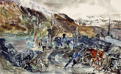Carrinho de carvão local e arrastões, Seydisfjordur, Islândia (aguarela sobre papel) de Thomas Barclay Hennell
