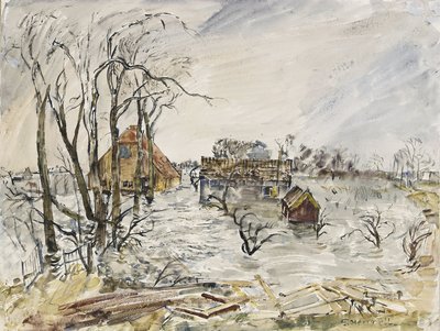 A ilha de Walcheren (Países Baixos) inundada. Pintura de Thomas Hennel (1903-1945), aguarela, 1944 de Thomas Barclay Hennell