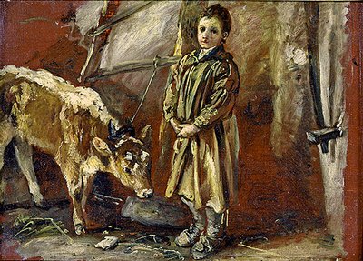 Rapaz com um bezerro amarrado (óleo sobre tela) de Thomas Barker