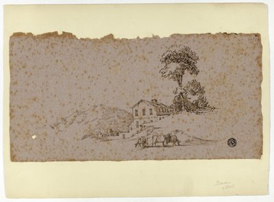 Fazenda nas montanhas com vacas em primeiro plano de Thomas Barker