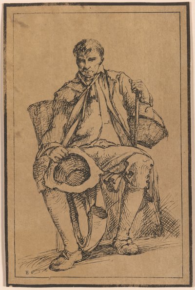 Quarenta impressões litográficas de desenhos de paisagens de Thomas Barker, selecionados de seus estudos de figuras rústicas após a natureza: [Homem sentado com cestos segurando chapéu e bengala de Thomas Barker