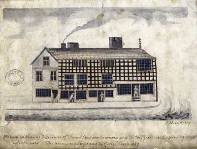 Casa antiga em Hanging Ditch, Manchester, 1819 (caneta e tinta no papel) de Thomas Barritt