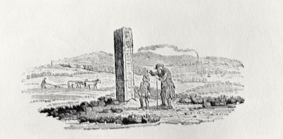 Homem e um menino por um monumento de "História de aves britânicas e quadrúpedes" de Thomas Bewick