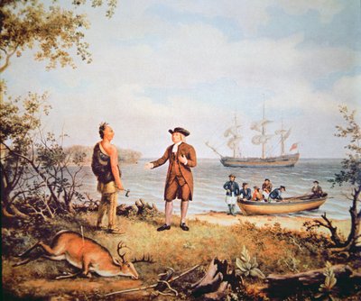 William Penn chega à América pela primeira vez e conhece um nativo americano em 1682 (óleo sobre tela) de Thomas Birch
