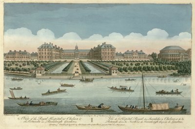 Uma vista do hospital real em Chelsea e na rotunda em jardins de Ranelaigh, bar. por Robert Sayer, 1751 de Thomas Bowles