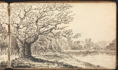 Álbum de Estudos da Paisagem e das Figuras: Árvores ao longo de um rio com edifícios à distância de Thomas Bradshaw