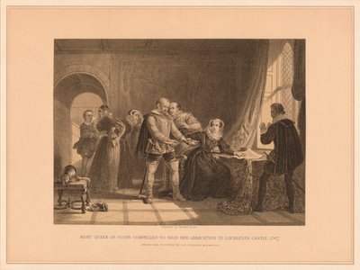 Mary Queen of Scots é obrigada a assinar sua abdicação no castelo Lochleven, 1567, 1878 de Thomas Brown
