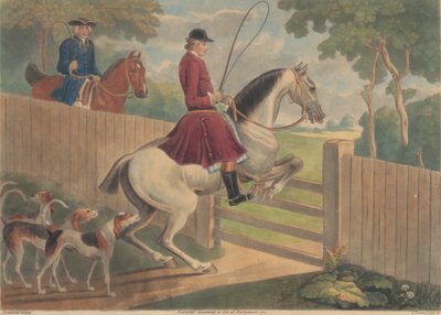 Caça [dois de um conjunto de doze]: 7. [Um cavaleiro a colocar um cavalo num portão] de Thomas Burford