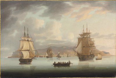 Funchal Roadstead, HMS Blenheim com Greyhound e Harrier Outward Bound, 1805 de Thomas Butterworth