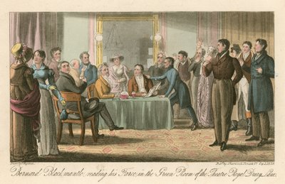 Bernard Blackmantle, lendo sua farsa na sala verde do teatro real, Drury Lane, Londres de Thomas Charles Wageman