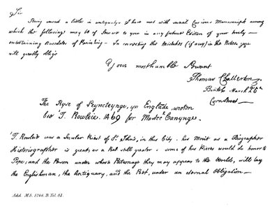 Parte de uma carta de Thomas Chatterton a Horace Walpole, final do século XVIII, 1840 de Thomas Chatterton