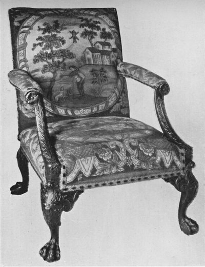 Poltrona Chippendale em mogno com estofamento em bordado, meados do século XVIII, 1928 de Thomas Chippendale