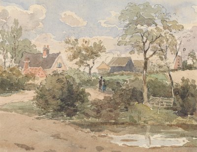 Paisagem do país com casa de campo, moinho de vento, celeiros e figuras com lago em primeiro plano de Thomas Churchyard