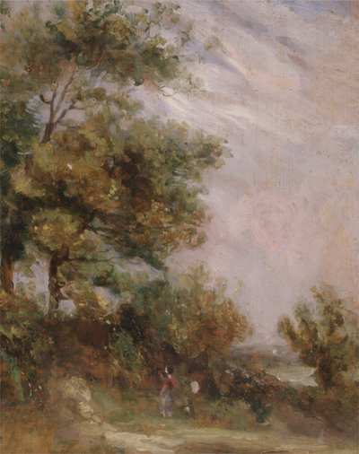 Paisagem com árvores e figuras (frente) (óleo no painel) de Thomas Churchyard