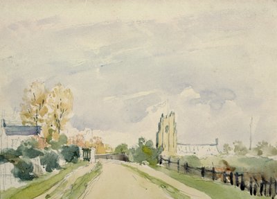 Suffolk Landscape, uma estrada larga com uma pequena casa, uma igreja e árvores de Thomas Churchyard