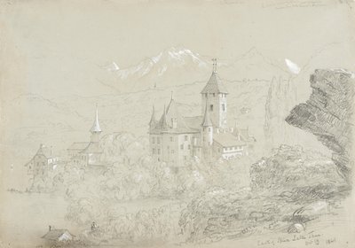 Castelo de Spiez, 1841 (lápis e guache em papel cinza-verde) de Thomas Cole