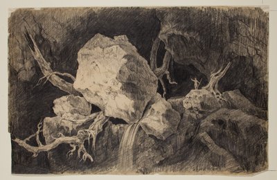 Hunter Standing in Cave perto de Rock and Waterfall, c.1828 (lápis de grafite) de Thomas Cole