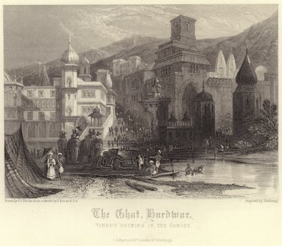 O Ghat em Hurdwar com hindus tomando banho no Ganges de Thomas Colman Dibdin