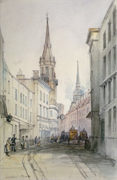 Vista ao longo da Lombard Street, olhando para o leste, com figuras e carruagens, City of London, 1851 de Thomas Colman Dibdin