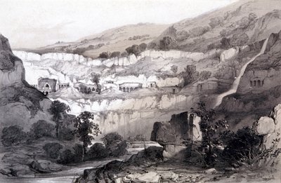 Vista das cavernas, Ajunta, Índia, 1844 de Thomas Colman Dibdin