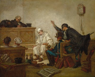 Pierrot no Tribunal Criminal, c.1864-70 (óleo sobre painel de madeira) de Thomas Couture