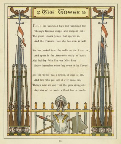 Verso sobre a Torre de Londres com imagens de armadura e armamento de Thomas Crane