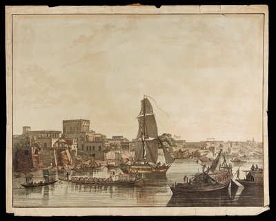 Calcutá a partir do rio Hoogly: edifícios Gentoo a partir das vistas de Calcutá, 1788 de Thomas Daniell