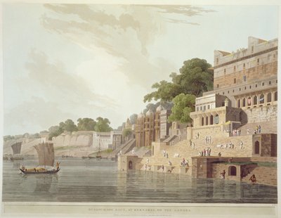 Dusasumade Gaut, em Benares, no rio Ganges, de "Cenário Oriental: vinte e quatro vistas no Hindoostan", 1796 de Thomas Daniell