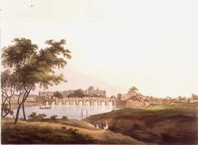 A Ponte em Juonpore, Bengala, gravada por H. Merke (fl.1800-20) pub. por Edward Orme (1774-c.1820) 1804 (litho) de Thomas Daniell