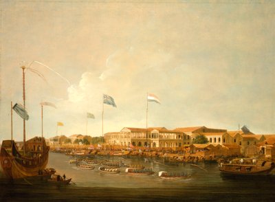 Os Hongs em Canton, a sudeste, com uma regata no rio Pérola de Thomas Daniell