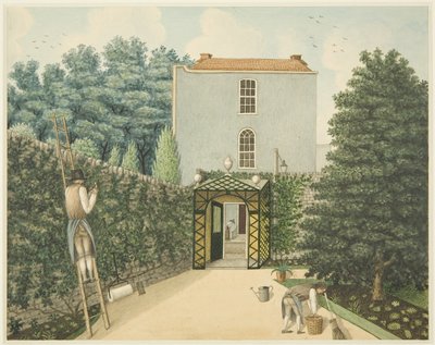 Uma vista da entrada da York Street, com dois jardineiros a trabalhar, no 14 St James