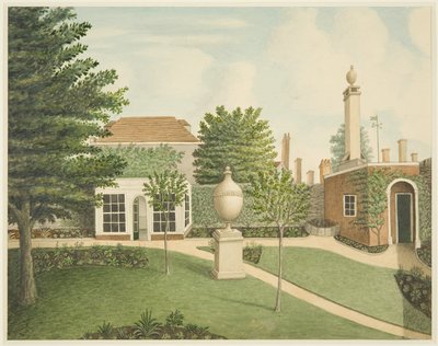 Uma vista dos principais relvados do jardim, casa de verão e sala de esterilização do solo no 14 St James
