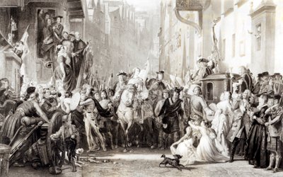 Príncipe Charles Edward (1720-88) e os Highlanders Entrando em Edimburgo após a Batalha de Preston, em 21 de setembro de 1745 (ver 105438) de Thomas Duncan