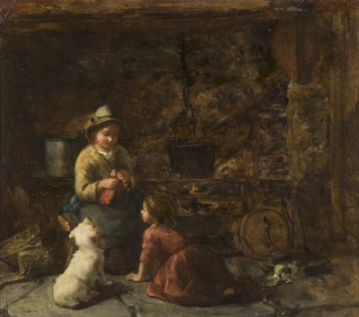 Interior da casa de campo com duas crianças, c.1850 (óleo sobre papelão) de Thomas Faed
